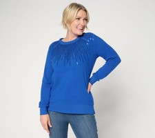 Belle by Kim Gravel Jingle Belles Starburst Sequin Knit Top Sapphire L New