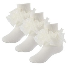 Girls Ruffle Socks Toddler Double Lace Sock Turn Cuff Beige Frilly Dress Sock...