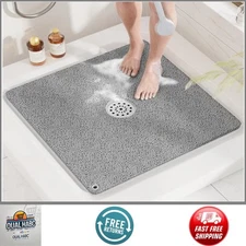 24x24" Non-Slip Loofah Shower Mat – Quick Dry, No Suction Cups, Grey