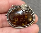 Vintage Sterling Silver Genuine Baltic Amber Pin Brooch Leaf