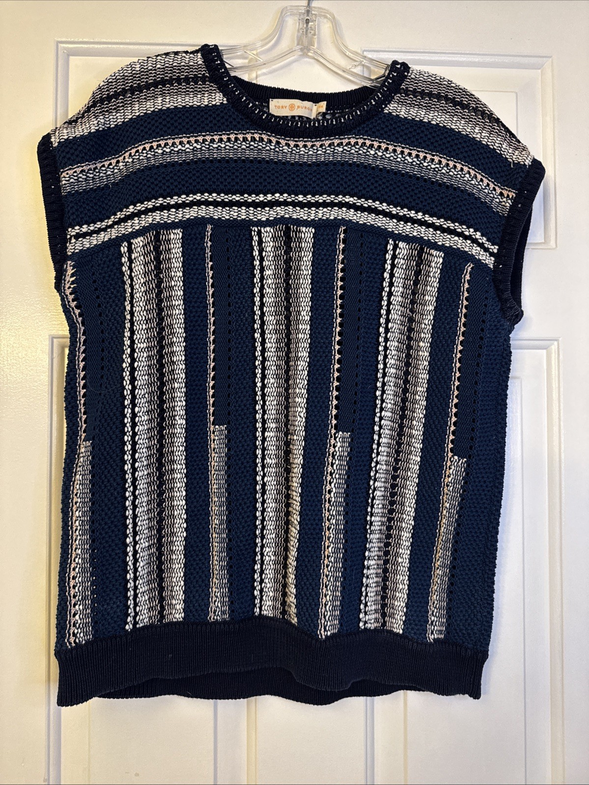 Tory Burch Short Sleeve Pull Over Cotton Linen Blend Sweater Sz M Blue Multi