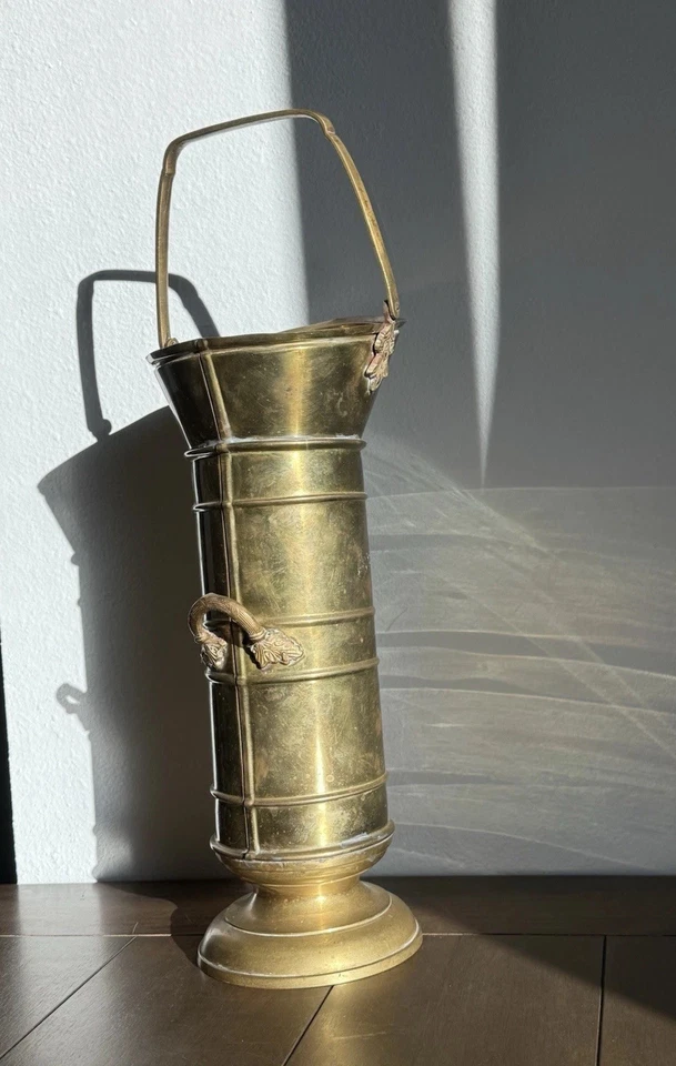 Brass Coal Scuttle Cylinder Bucket Dual Handles Umbrella Stand Cane Holder VTG - Image 3 of 4