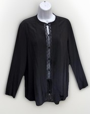 TORY BURCH 100% Silk Blouse Womens 8 Pleated Front Crochet Panel Sheer Black EUC