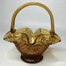 Vtg Amber Indiana Art Glass Basket Diamond Point Applied Handle Approx 6" tall