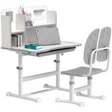 AIYAPLAY Kids Desk and Chair Set w/ Tiltable Desktop, Reading Rack, Grey