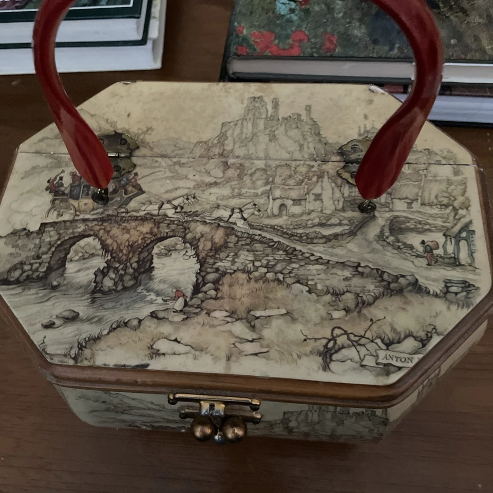 Vintage Anton Pieck Decoupage Wooden Box Purse With Bakelite Handle - Image 3 of 4