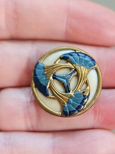 Antiguo botón Art Nouveau pintado a mano esmalte trompeta flores botón - Imagen 1 de 5