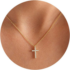 Cross Necklace for Women, 14K Gold Plated Cross Pendant Dainty Layered Chain Nec
