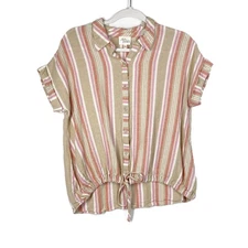Striped Linen Top Ava James Cropped Pink Tan White Short Sleeves Size Medium