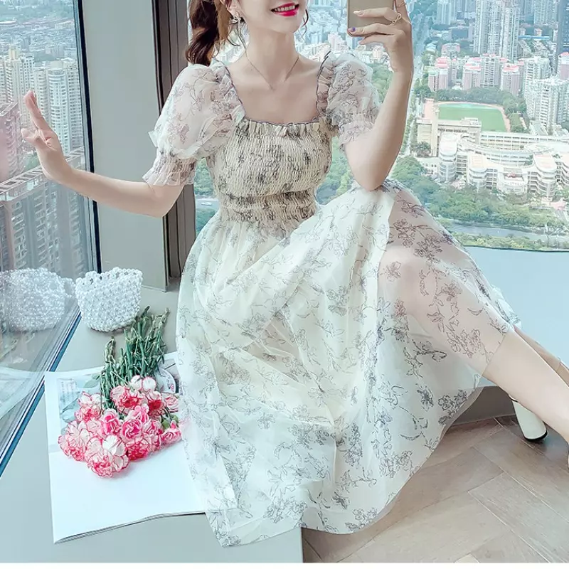 Fairy Women Floral Ruffle Chiffon Dress Off Shoulder Puff Sleeve Cute Dress Midi