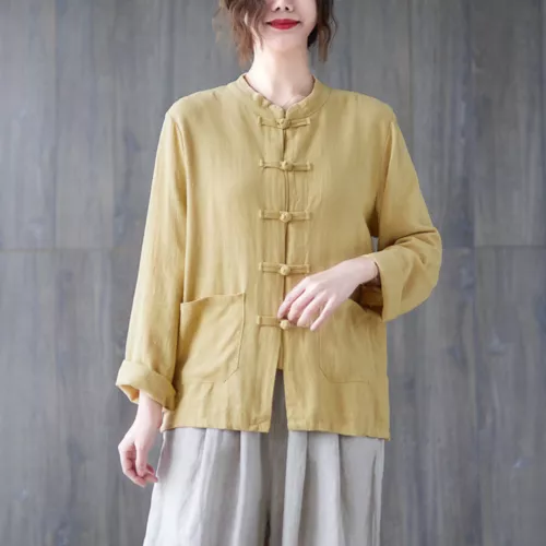 Women Chinese Cotton Coat Jacket Tops Tang Suit Cardigan Retro Ethnic Outwear - Picture 2 of 26