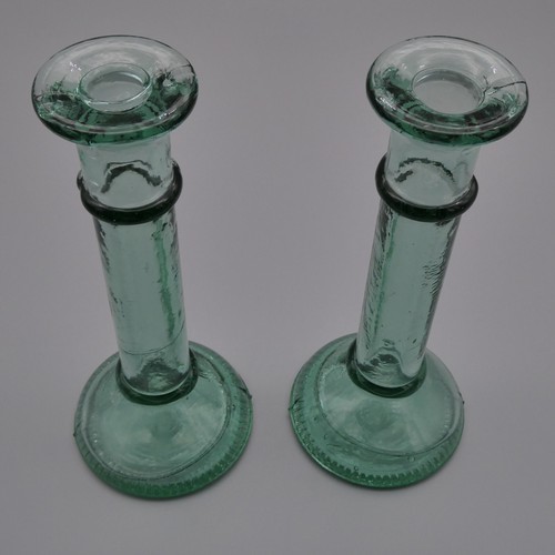 Pair Green Glass Bottle Candle Stick Holders Recycle Upcycle Art Handcrafted 8" - Picture 5 of 12