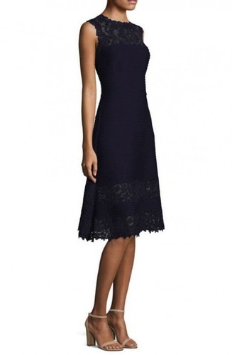 TADASHI SHOJI Navy Sheer Lace Corded Embroidery Tulle Pintuck Jersey Dress S 4/6 - Picture 4 of 11