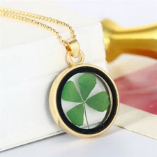 Real Flower Necklace Four Leaf Clover Resin Locket Pendant Lucky Charm Gift