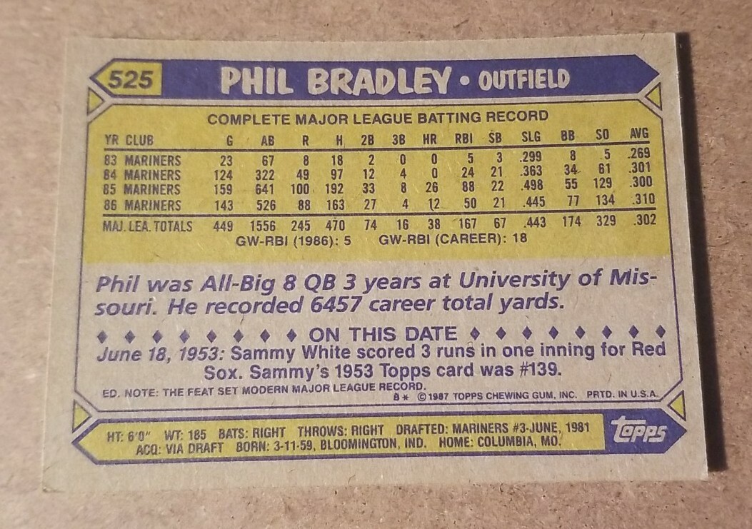 1987 Topps Baseball 525 Phil Bradley Baseball Card eBay