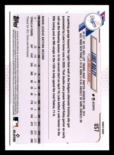 2021 Topps Update #US7 Luke Raley RC - Picture 2 of 2
