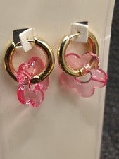 Pink Flower and Gold Hoop Earrings