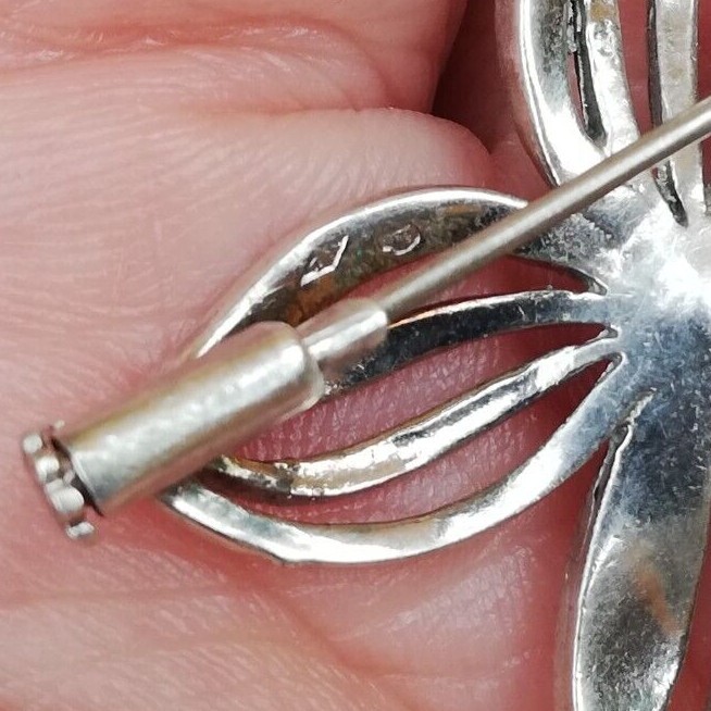 Broche Ancienne Fleur En Argent Massif Et Marcassite - Pièce Poinçonnée Vintage, Occasion