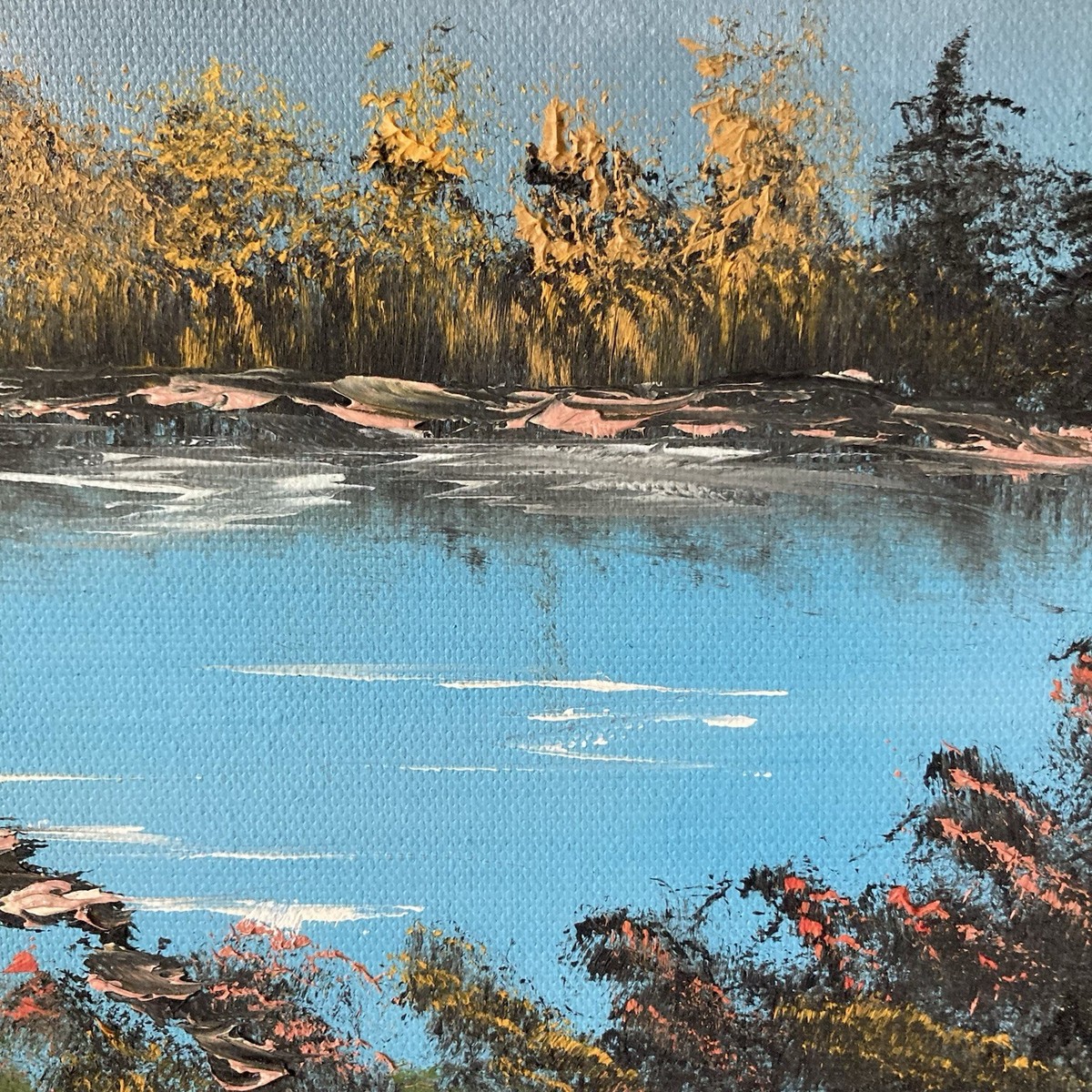 Vintage Oil Painting 21x25 Framed Oval Vignette Mountain Lake