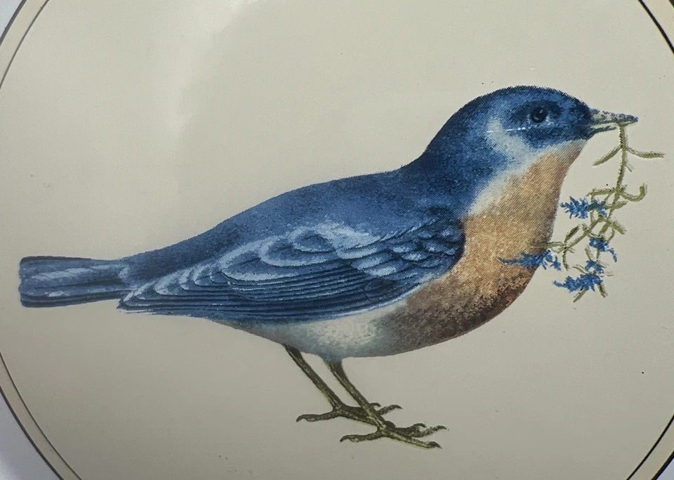 "Juego de 4 platos vintage de pájaro azul esmaltado conejo dorado Mary Lake Thompson 12,5""" Foto 2 de 4