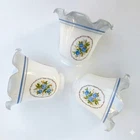 Set of 3 Vintage Milk Glass Ruffled Fitter Lamp Shades Blue Roses Floral Decal
