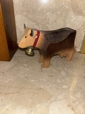 Midcentury Swiss Folk Art Cow ~ Leather Ears And Horns With Bell Nice Patina