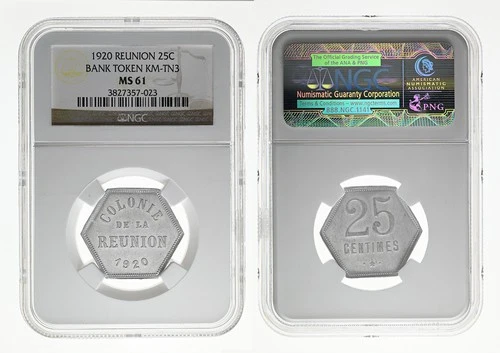 REUNION (French Colonial) Aluminum 25 Centimes Token 1920 NGC MS61 Rare