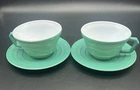 2 VTG Hazel Atlas Moderntone Platonite Milk Glass Cup & Saucers Teal Green MCM