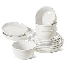 12‑Piece Ceramic Plates and Bowls Set, Service for 4 – White Farmhouse Dinner...
