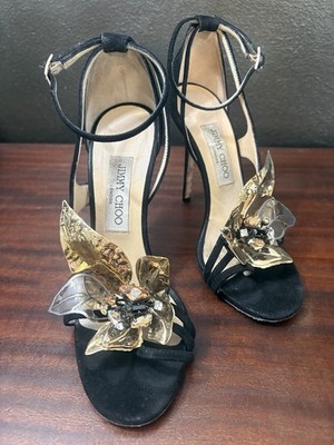 Jimmy Choo Black Gold Suede Strappy Heels Floral Crystal Ankle Strap Buckle 38