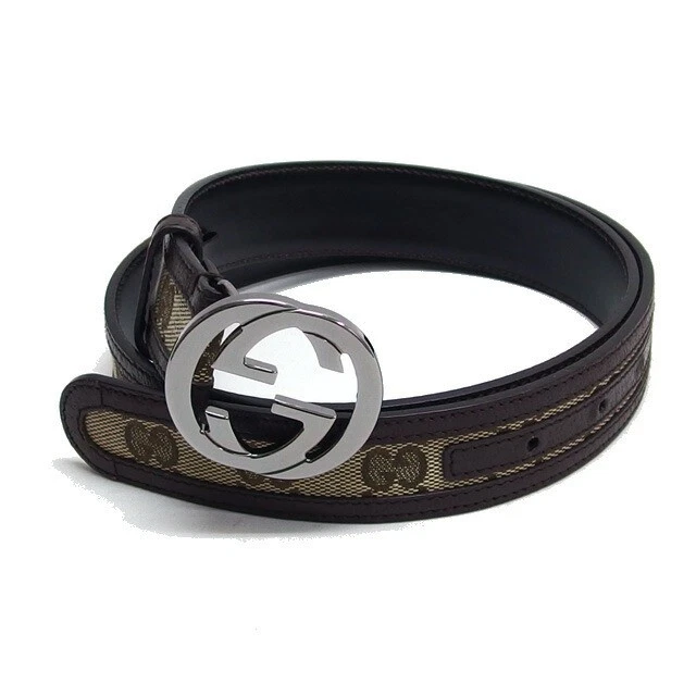 Gucci Ceinture Femme Entrelacée G Toile Cuir Marron Foncé Beige 3 Trous