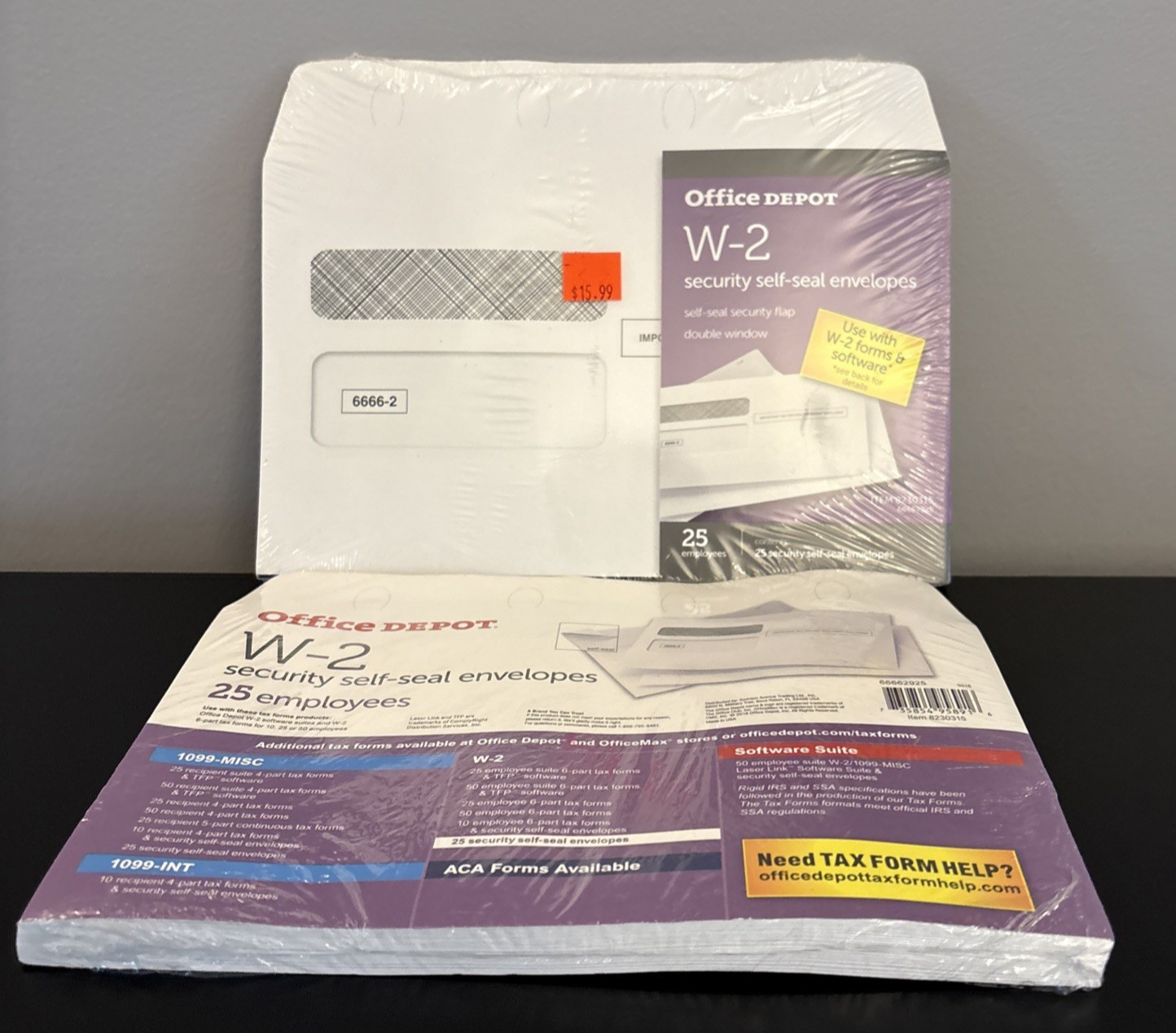 Lot of 2-Office Depot Double-Window Self-Seal W-2 Envelopes 25 in each pack
