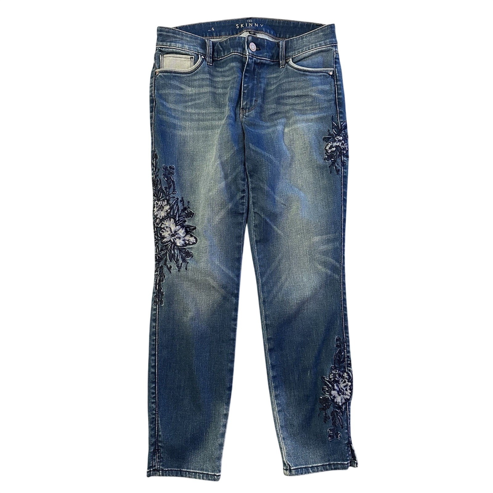 White House Black Market Skinny Crop Jeans Sz 4 Blue Floral Embroidery