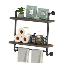  2 Tier Wood Floating Shelves Towel Rack, Industrial Pipe Bathroom 24inch Grey
