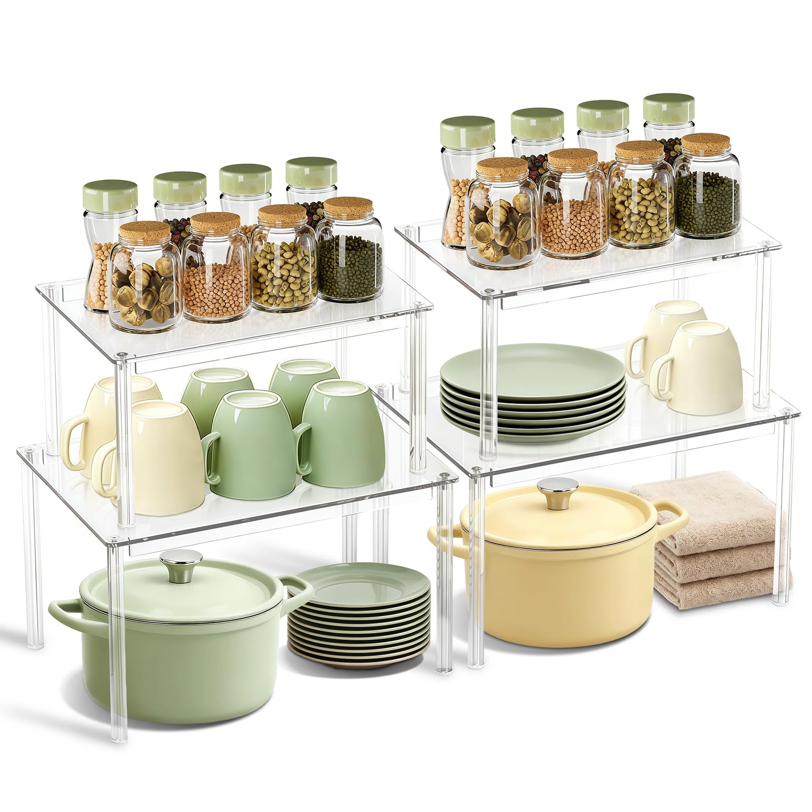 Clear Kitchen Cabinet Organizer, Set of 4 Stackable Spice Rack, Acrylic Shelv...