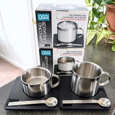 NEW Pair Oggi Espresso Cappuccino Saucer SPOON Double Wall 18/8 Stainless Steel