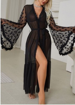 NEUESTES DESIGN schwarz Herzmuster Netz durchsichtig langes Nachthemd Morgenmantel Kleid Größe 12