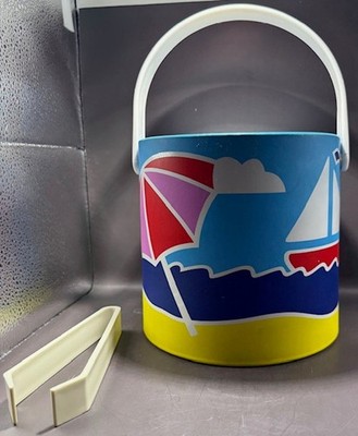 Vintage 1980s Itemakers Sailboat / Beach Theme Ice Bucket w/ Tongs, 4 Cups 