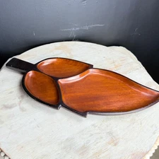 Vintage MCM Mahogany Wooden Leaf Shaped Divided Serving Platter 24" Long Boho