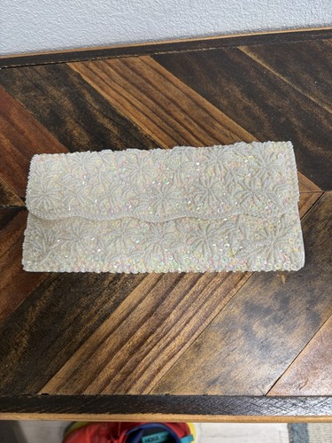 White Beaded Bridal Clutch Bag, Embellished Evening Handbag Purse
