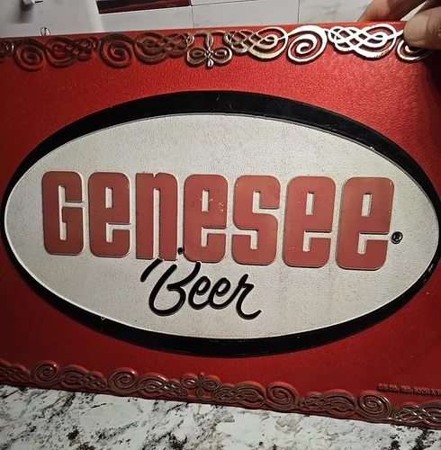 VINTAGE GENESEE BEER RED, WHITE, & BLACK W/GOLD EDGING FLAT BAR SIGN 16 X 10
