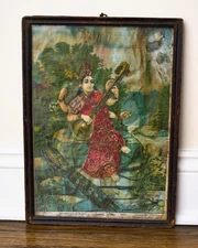 Vintage Ravi Varma Press Chromolithograph of Goddess Saraswati