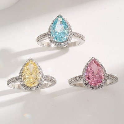 Certified 4ct Pear Lab Grown Pink/Blue/Yellow Drop Diamond Ring 18K Gold Vermeil