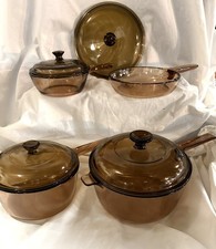 Corning Visions Bursztynowy zestaw rondla 1L 1,5L 2,5L z pokrywkami, patelnią, w stanie prawie nes.