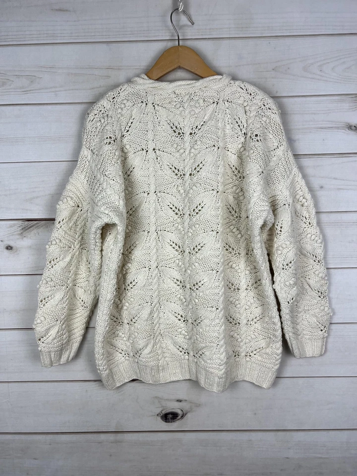 Suéter Express Tricot Mujer Mediano Crema Blanco Tejido a Mano Hoja Pullover Foto 2 de 4