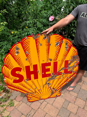 Vintage 48 inch Porcelain Tiger Shell Oil Gas Gasoline Sign 2sided