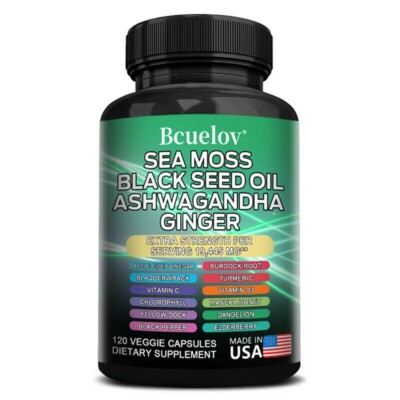#ad Sea Moss Black Seed Oil Ashwagandha Turmeric Ginger 19445mg 120 Caps Supplement $6.99