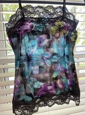 Y2K Camisole Cami Tank Floral Lace Gray Purple Blue Big Flowers Adjustable