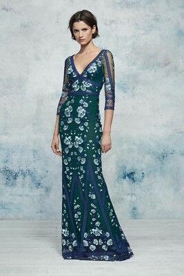 $995 NEW Marchesa Notte Lace Green Blue Embroidered Gown Guipure Dress  Flowers 2 | eBay