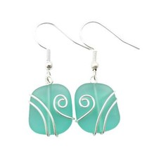 Hawaiian Jewelry Sea Glass Earrings, Wire Aquamarine Earrings, Beach Jewelry